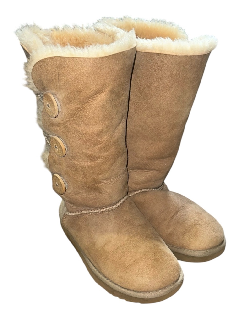 UGG Bailey Button Triplet Boots Three Signature Wooden Logo Buttons Natural Sz 7 - Picture 3 of 9